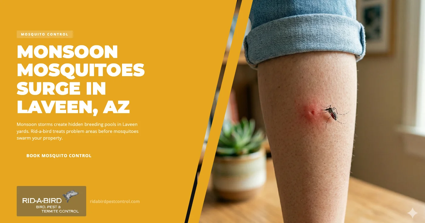 Mosquito on standing water in a Laveen, AZ yard after a monsoon storm — mosquito control by Rid-a-bird Pest Control technician